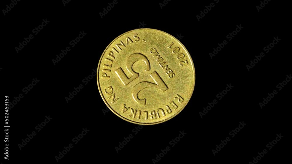 Rotating obverse of Philippines coin 25 sentimo 2001. Isolated in black background. Rotating obverse of Philippines coin 25 sentimo 2001. Isolated in black background.