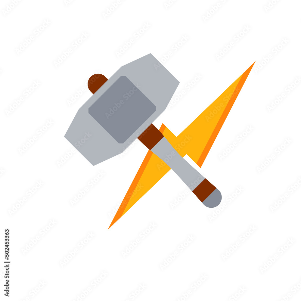 Thor hammer. God weapon. Norse mythology. Symbol of lightning power. Medieval steel weapons. Flat cartoon icon Thor hammer. God weapon. Norse mythology. Symbol of lightning power. Medieval steel weapons. Flat cartoon icon