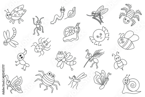set of cartoon insects with black outline