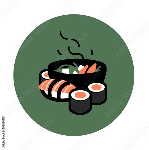 illustration of miso soup and sushi rolls on green.