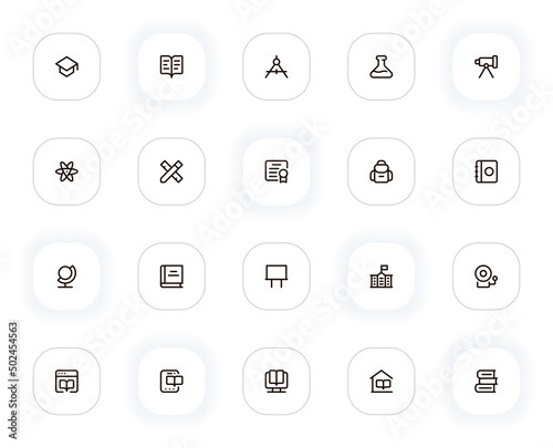 School and learning line icons set. Graduation hat, book, tube, atom, diploma and other buttons. Vector outline pictograms for web and ui, ux mobile app design. Editable Stroke. 24x24 Pixel Perfect.