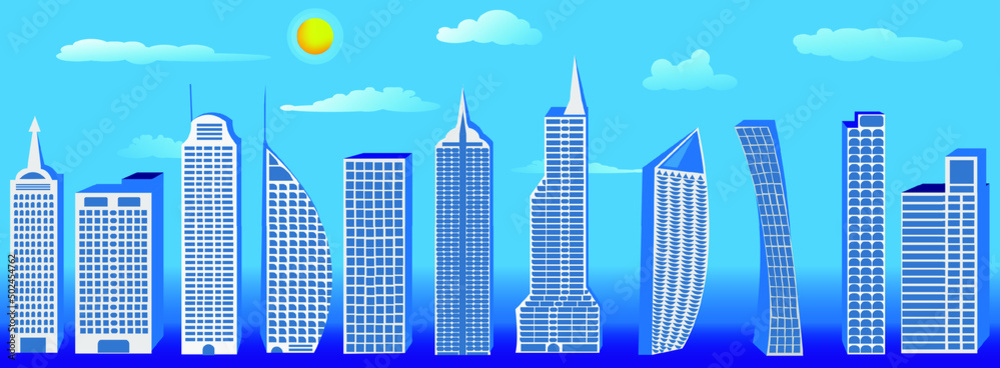 A set of skyscraper buildings that are all different in shape. blue background There are clouds and sun. as an illustration made from vector