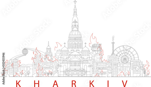illustration of burning kharkiv city on white, banner.