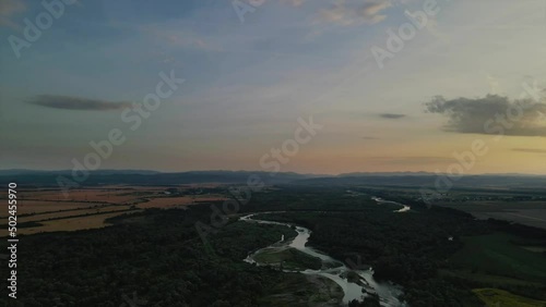 Wallpaper Mural Beautiful drone panoramic view of green forest and river. Summer sunset. 4k nature video. Torontodigital.ca