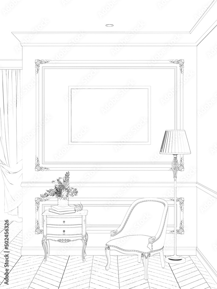 A sketch of a classic interior with a horizontal poster on a wall with moldings, a floor lamp near a classic armchair, a vase of flowers on a stand, and a curtained window in the background. 3d render A sketch of a classic interior with a horizontal poster on a wall with moldings, a floor lamp near a classic armchair, a vase of flowers on a stand, and a curtained window in the background. 3d render