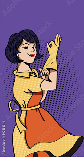 Woman With Cleaning Gloves is Making a OK Hand Gesture.