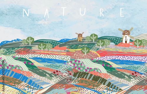 Nature, mill and landscape. Vector textured watercolor illustration of farm fields, village and sky for banner or background