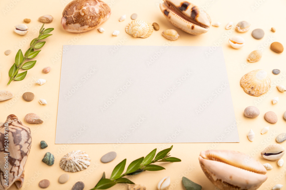 Composition with gray paper sheet, seashells, pebbles, green boxwood. mockup on orange background. side view, copy space. Composition with gray paper sheet, seashells, pebbles, green boxwood. mockup on orange background. side view, copy space.