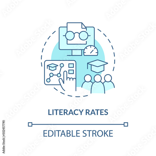 Literacy rates turquoise concept icon. Global cooperation. Measure of human progress abstract idea thin line illustration. Isolated outline drawing. Editable stroke. Arial, Myriad Pro-Bold fonts used