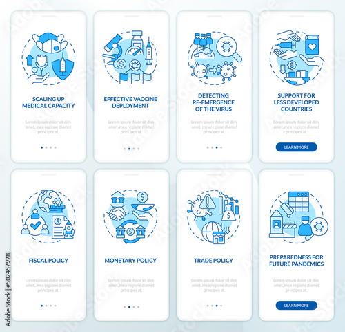 Medical and business global work blue onboarding mobile app screen set. Walkthrough 4 steps graphic instructions pages with linear concepts. UI, UX, GUI template. Myriad Pro-Bold, Regular fonts used