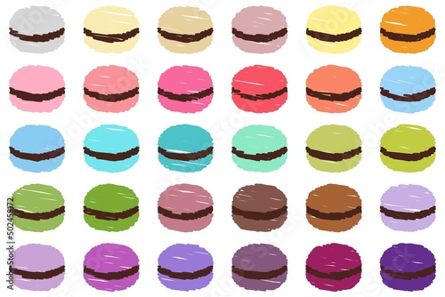 Hand-drawn macarons, colorful chalk set on the white background.