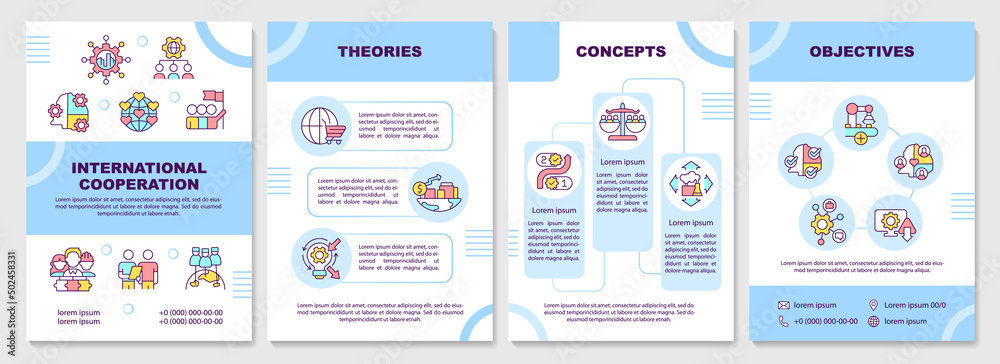 International collaboration blue brochure template. Society progress. Leaflet design with linear icons. 4 vector layouts for presentation, annual reports. Arial-Black, Myriad Pro-Regular fonts used
