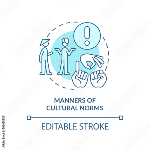 Manners of cultural norms turquoise concept icon. Traditions and language. Etiquette abstract idea thin line illustration. Isolated outline drawing. Editable stroke. Arial, Myriad Pro-Bold fonts used