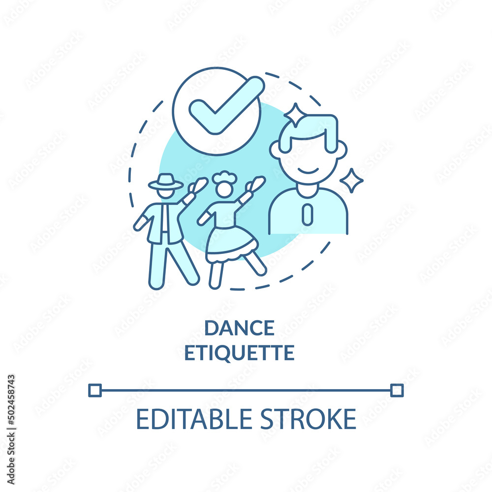 Dance etiquette turquoise concept icon. Rules and ethical code. Type of etiquette abstract idea thin line illustration. Isolated outline drawing. Editable stroke. Arial, Myriad Pro-Bold fonts used Dance etiquette turquoise concept icon. Rules and ethical code. Type of etiquette abstract idea thin line illustration. Isolated outline drawing. Editable stroke. Arial, Myriad Pro-Bold fonts used