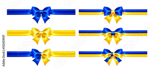 Set of blue yellow bows with ribbons in the Ukrainian flag colors for decorative design. Isolated vector illustration of realistic bow is great for social media, card design with national symbol