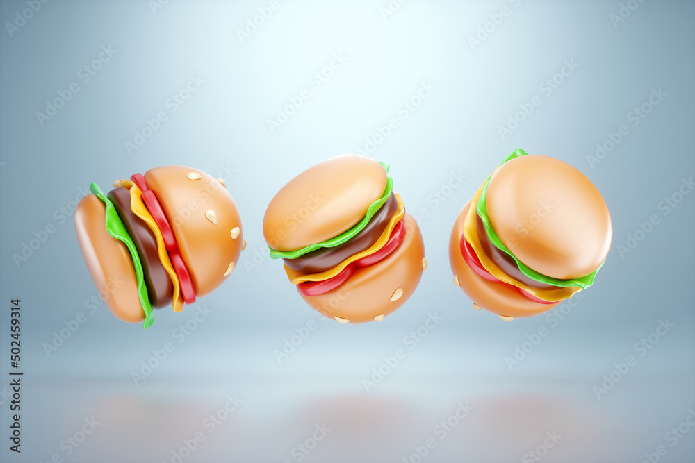 Obraz premium Set 3D burger on a light background. 3D illustration, 3D rendering.