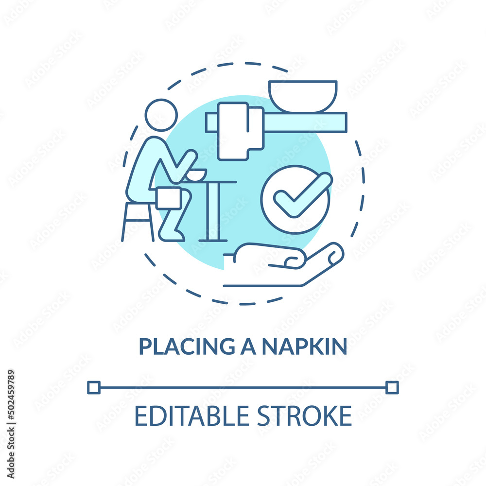 Placing napkin turquoise concept icon. Place serviette on lap. Restaurant etiquette abstract idea thin line illustration. Isolated outline drawing. Editable stroke. Arial, Myriad Pro-Bold fonts used Placing napkin turquoise concept icon. Place serviette on lap. Restaurant etiquette abstract idea thin line illustration. Isolated outline drawing. Editable stroke. Arial, Myriad Pro-Bold fonts used