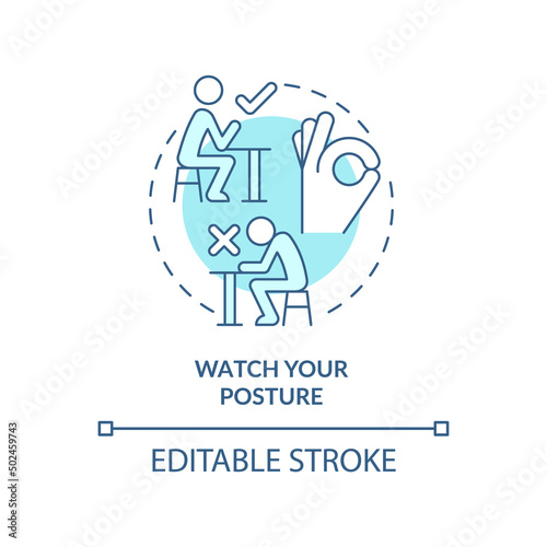 Watch your posture turquoise concept icon. Keep elbows off table. Etiquette abstract idea thin line illustration. Isolated outline drawing. Editable stroke. Arial, Myriad Pro-Bold fonts used