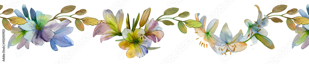 Fototapeta premium Border, banner, hand drawn watercolor, isolated white blue, pink lily flowers. For the design of publications, printing, wedding decor, stationery, mourning decoration