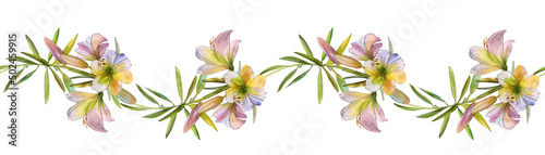 Border  banner  hand drawn watercolor  isolated white blue  pink lily flowers. For the design of publications  printing  wedding decor  stationery  mourning decoration