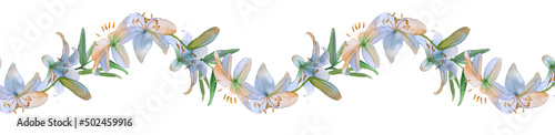 Border, banner hand drawn watercolor isolated white pink blue flowers lilies. For the design of publications, prints, wedding decor, funeral decorations