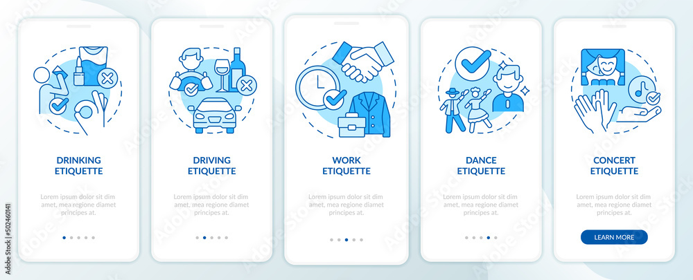 Naklejka premium Types of etiquette blue onboarding mobile app screen. Set of rules walkthrough 5 steps graphic instructions pages with linear concepts. UI, UX, GUI template. Myriad Pro-Bold, Regular fonts used