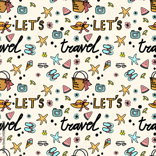 Summer, vacation, beach, travel. Drawing on a transparent background. Choose your own background color. Pattern, desktop wallpaper, pattern on fabric, background. Vector pattern.