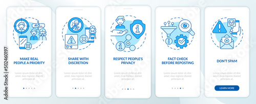 Netiquette rules blue onboarding mobile app screen. Online interaction walkthrough 5 steps graphic instructions pages with linear concepts. UI, UX, GUI template. Myriad Pro-Bold, Regular fonts used
