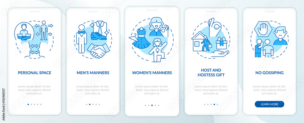 Social etiquette blue onboarding mobile app screen. Rules of behavior walkthrough 5 steps graphic instructions pages with linear concepts. UI, UX, GUI template. Myriad Pro-Bold, Regular fonts used
