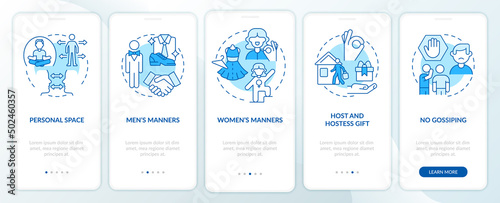 Social etiquette blue onboarding mobile app screen. Rules of behavior walkthrough 5 steps graphic instructions pages with linear concepts. UI, UX, GUI template. Myriad Pro-Bold, Regular fonts used