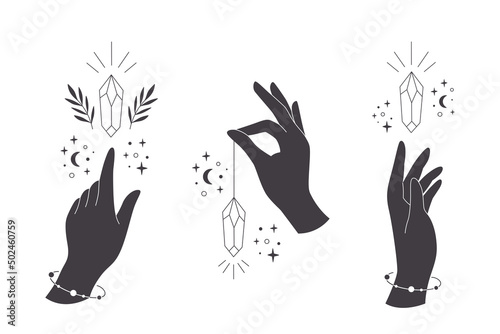 Hand with crystal. Mystical, esoteric, magic or healing crystal. Linear art. Editable strokes. Vector illustration