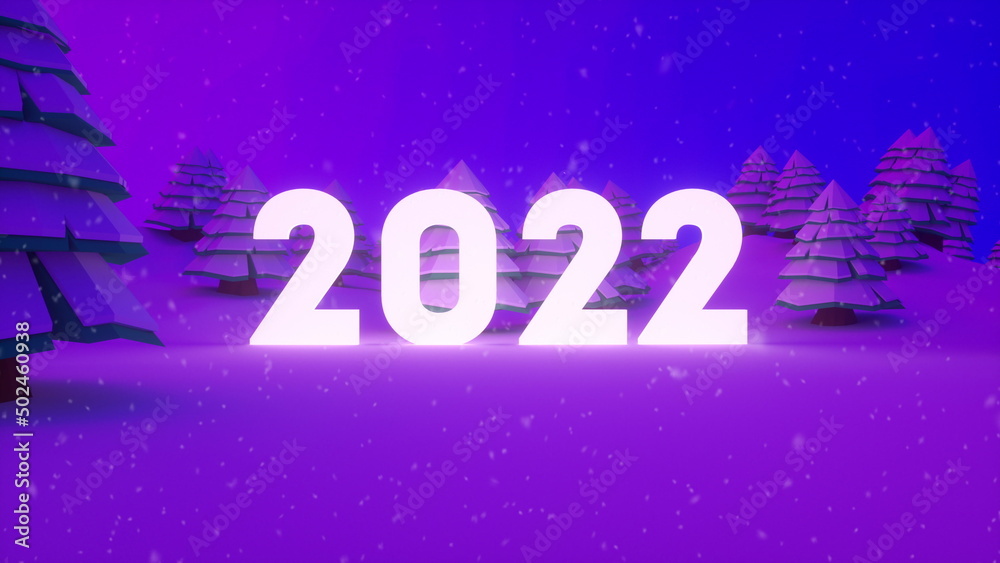 New year and Christmas 2022. Christmas tree and falling snow. Celebration background. 3d rendering New year and Christmas 2022. Christmas tree and falling snow. Celebration background. 3d rendering