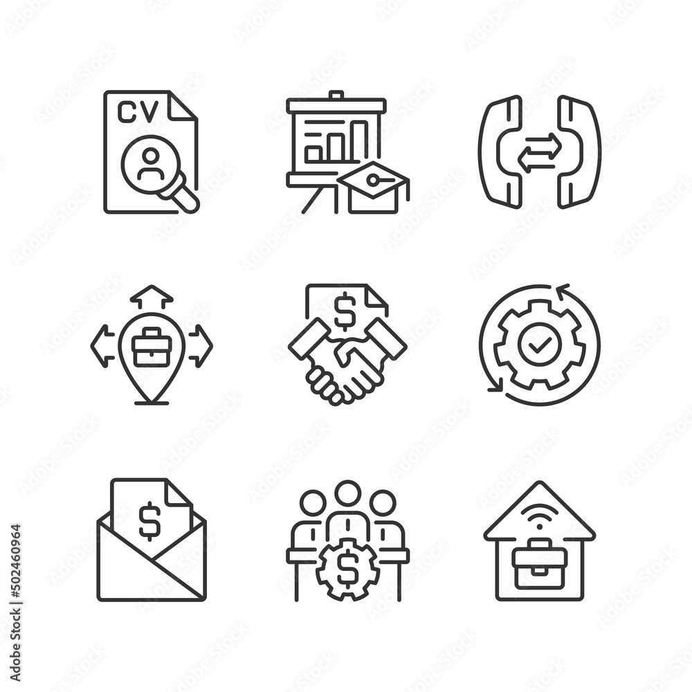 Business coordination pixel perfect linear icons set. Professional skills. Customizable thin line symbols. Isolated vector outline illustrations. Editable stroke. Montserrat Bold, Light fonts used Business coordination pixel perfect linear icons set. Professional skills. Customizable thin line symbols. Isolated vector outline illustrations. Editable stroke. Montserrat Bold, Light fonts used