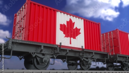 Containers with the flag of Canada. Railway transportation. 3d rendering