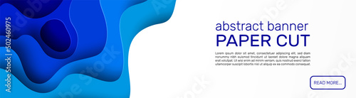 Paper cut banner. Blue abstract paper shapes, curved layers with shadows, wave forms. Horizontal web page with copy space template, minimal style papercut background, vector illustration