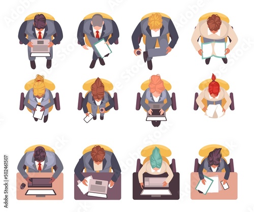 Sitting business people top view. Office employees sitting at desks on chairs, strict dress code, men and women with gadgets, hold documents, books and coffee cups, vector isolated set