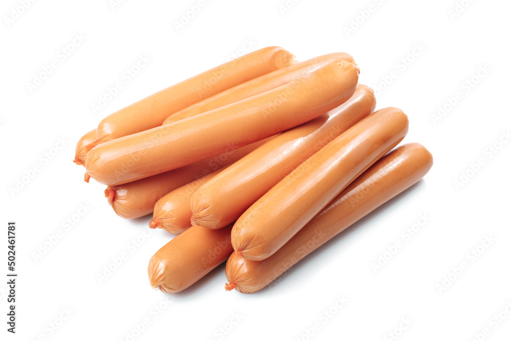 Delicious boiled sausages isolated on white background. Delicious boiled sausages isolated on white background.