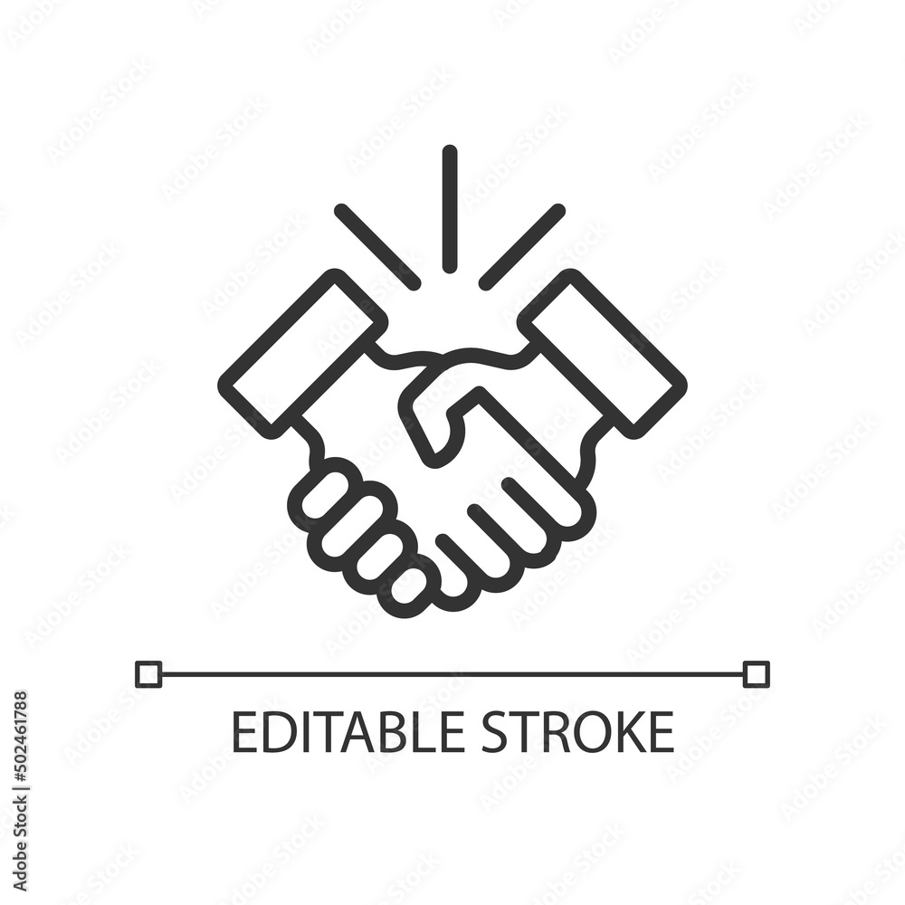 Handshake pixel perfect linear icon. Business etiquette. Shaking hands. Deal making. Company meeting. Thin line illustration. Contour symbol. Vector outline drawing. Editable stroke. Arial font used Handshake pixel perfect linear icon. Business etiquette. Shaking hands. Deal making. Company meeting. Thin line illustration. Contour symbol. Vector outline drawing. Editable stroke. Arial font used