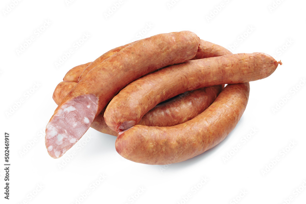 Photo of smoked pork sausages isolated on white background. Photo of smoked pork sausages isolated on white background.