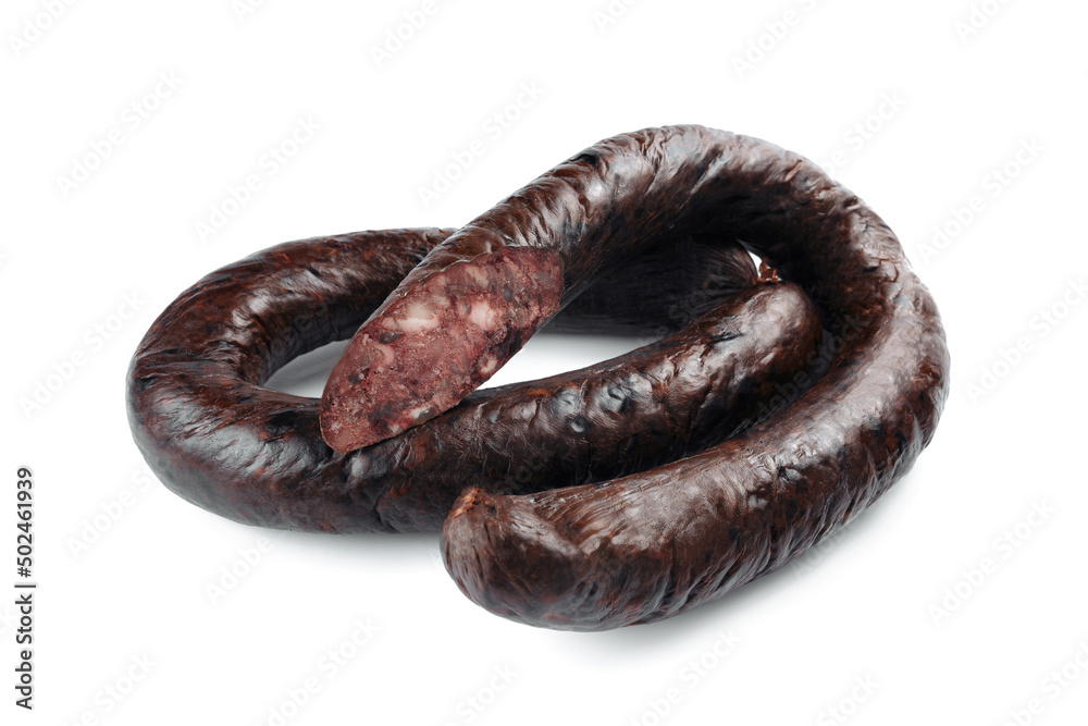 Photo of smoked pork sausages isolated on white background. Photo of smoked pork sausages isolated on white background.