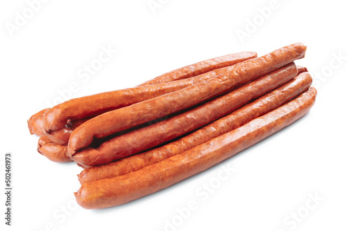 Photo of smoked pork sausages isolated on white background.