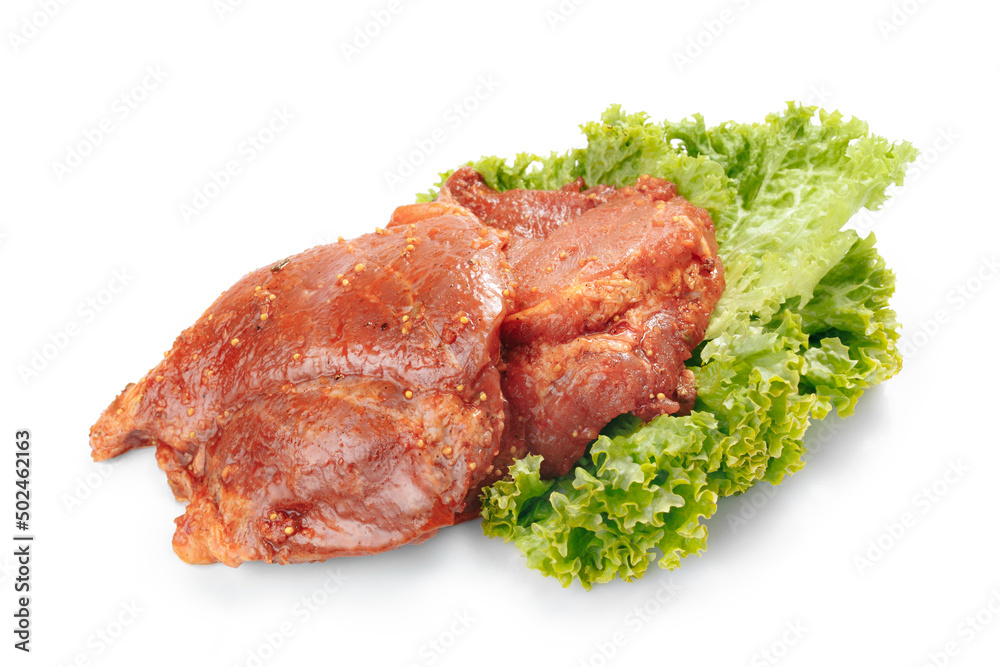 Sliced marinated raw pork meat for grill isolated on white background. Sliced marinated raw pork meat for grill isolated on white background.