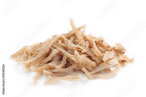 Traditional gourmet marinated sliced pig skin on white background.