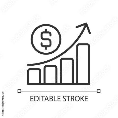 Business profit pixel perfect linear icon. Cash flow. Economic performance. Financial evaluation. Thin line illustration. Contour symbol. Vector outline drawing. Editable stroke. Arial font used