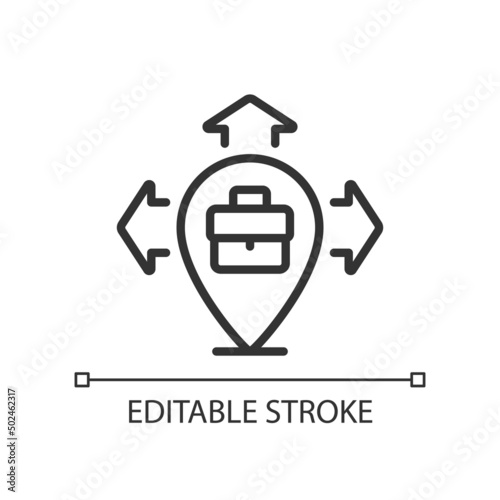 Business expansion pixel perfect linear icon. Company growth strategy. Expand to new locations. Thin line illustration. Contour symbol. Vector outline drawing. Editable stroke. Arial font used