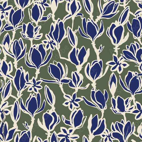 Floral seamless pattern. Colorful vintage vector background with hand drawn magnolia flower. Nostalgic retro fashion print for fabric, paper, goods, home textile