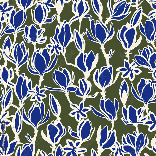 Floral seamless pattern. Colorful vintage vector background with hand drawn magnolia flower. Nostalgic retro fashion print for fabric, paper, goods, home textile