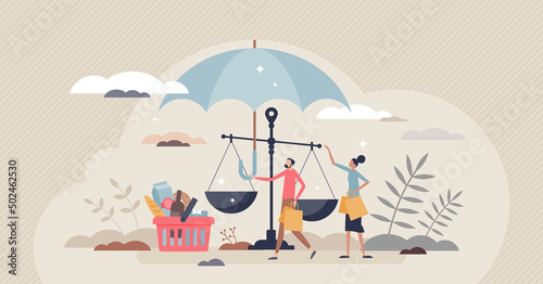 Consumer protection with customer purchase legal justice tiny person concept. Shopping fraud security with risk control and government regulation to guarantee buyer secure purchase vector illustration