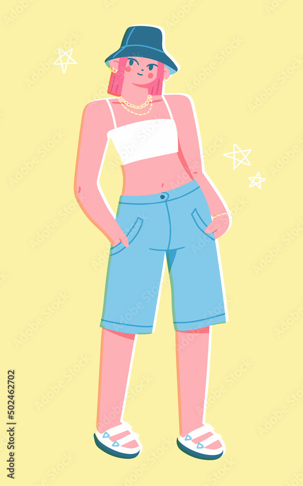 Stylish girl wearing bermuda shorts, bucket hat and sandals. Vector illustration of modern female fashion. Young woman in trendy outfit in colorful flat style. Stylish girl wearing bermuda shorts, bucket hat and sandals. Vector illustration of modern female fashion. Young woman in trendy outfit in colorful flat style.