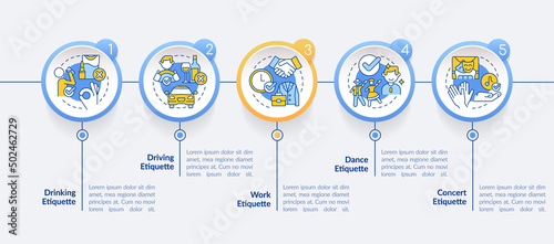 Types of etiquette circle infographic template. Set of rules. Data visualization with 5 steps. Process timeline info chart. Workflow layout with line icons. Lato-Bold, Regular fonts used